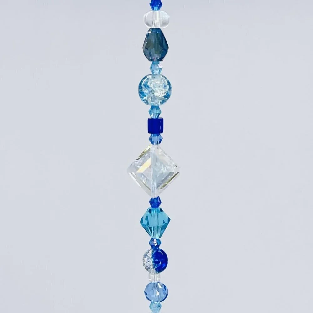 Blue Beaded Suncatcher - Clear Crystal Prism - Indoor Outdoor Hanging Decor